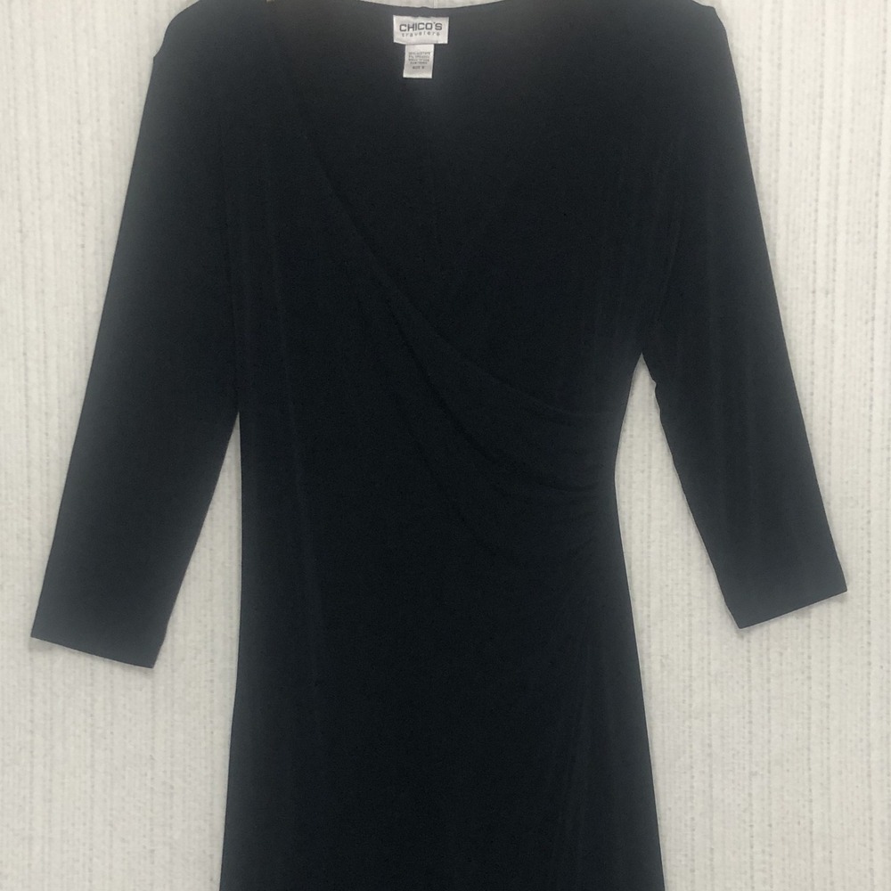 Chico's Travelers Black Faux Wrap Ruched Midi Dress 3/4 Sleeve Size 0 Small
